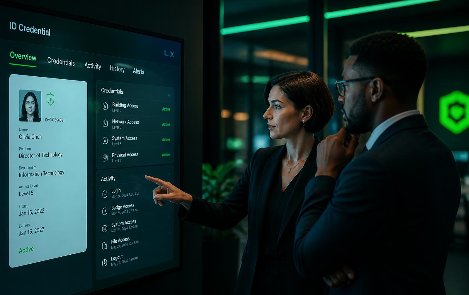 Equipo corporativo revisando credenciales digitales en una pantalla táctil