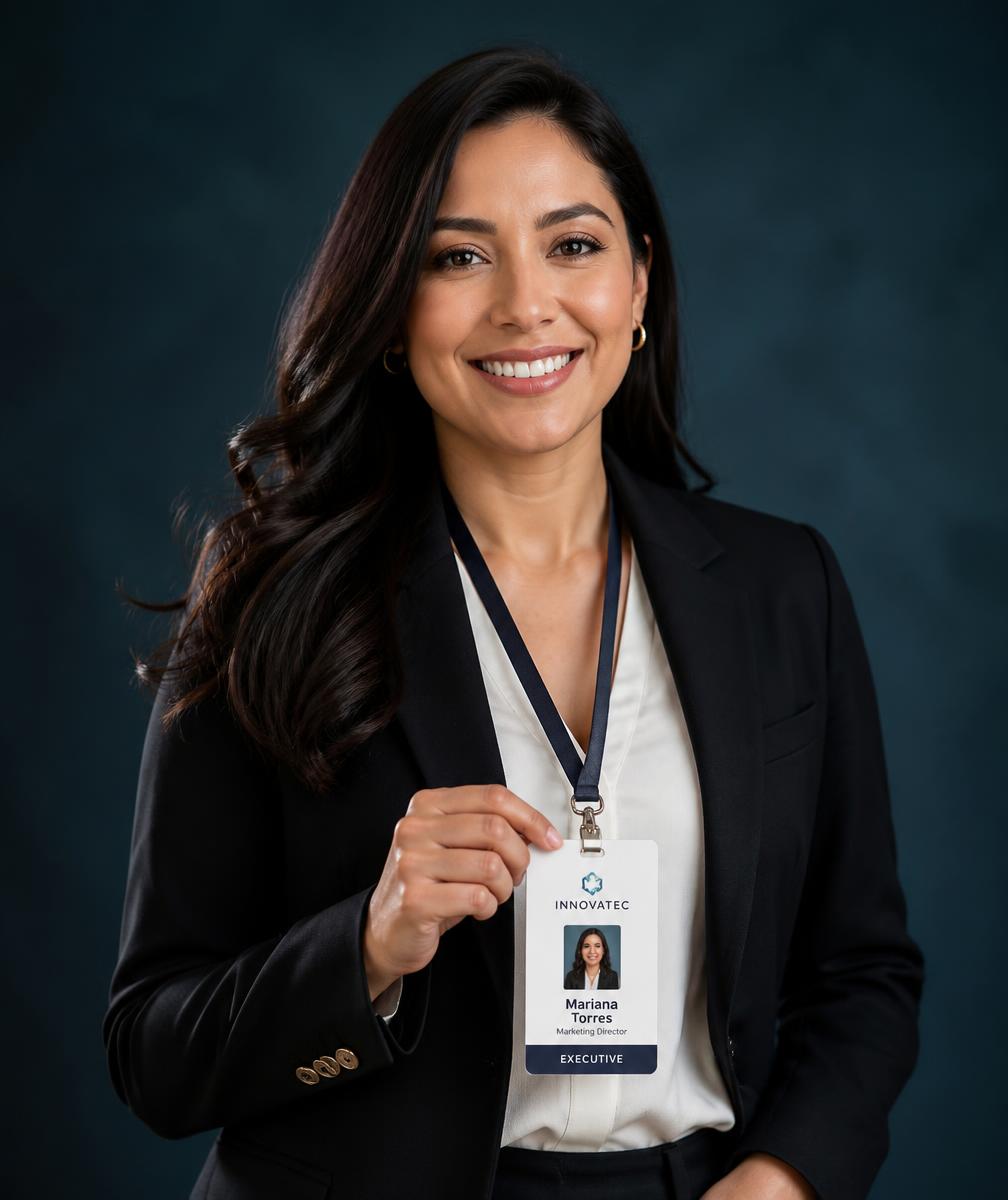 Profesional corporativa sonriendo mientras muestra su credencial de identificación